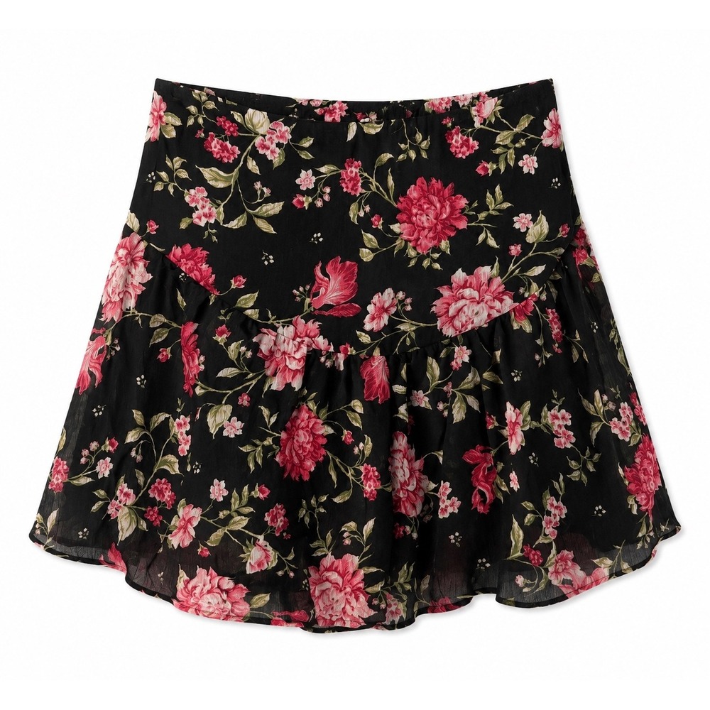 H&M Divided Black Floral‎ Smocked Waist Mini Skirt XS Rose Print Boho
